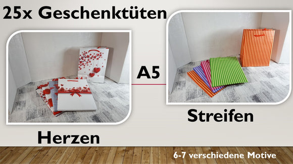 Geschenktüten A5; Herzen + Streifen (25 Stück)
