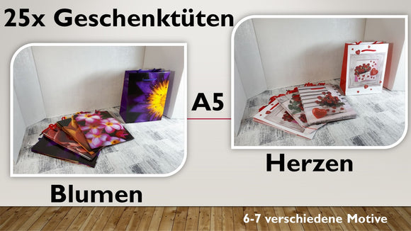 Geschenktüten A5; Blumen + Herzen (25 Stück)
